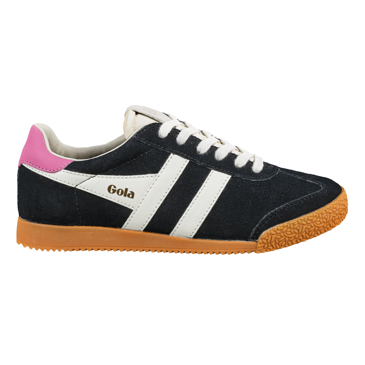 Gola Classics black suede trainer with white side stripes pink heel tab and gum rubber sole