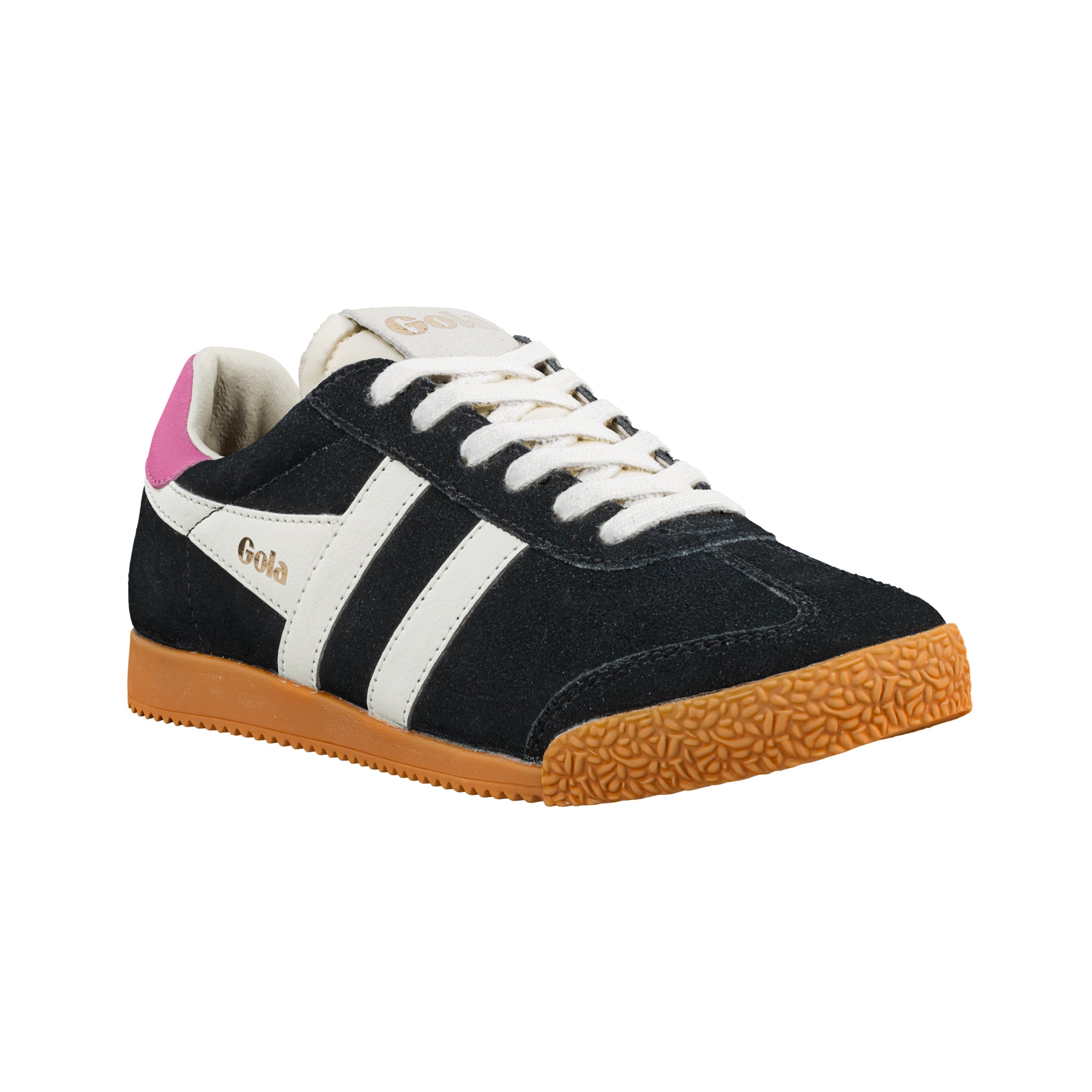 Black suede Gola trainer with white side stripes and pink heel tab on a gum rubber sole