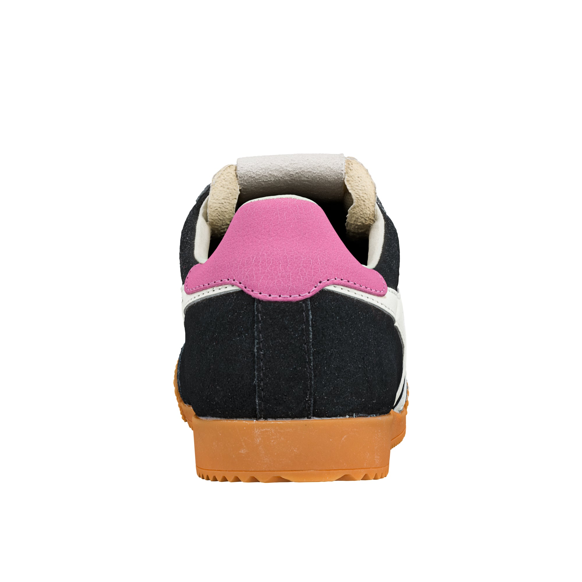 Rear view of a black suede trainer with a pink heel tab and gum rubber sole