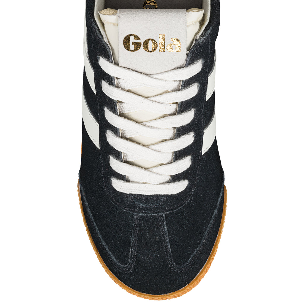 Black suede Gola trainer with white laces and gum sole