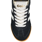 Black suede Gola trainer with white laces and gum sole