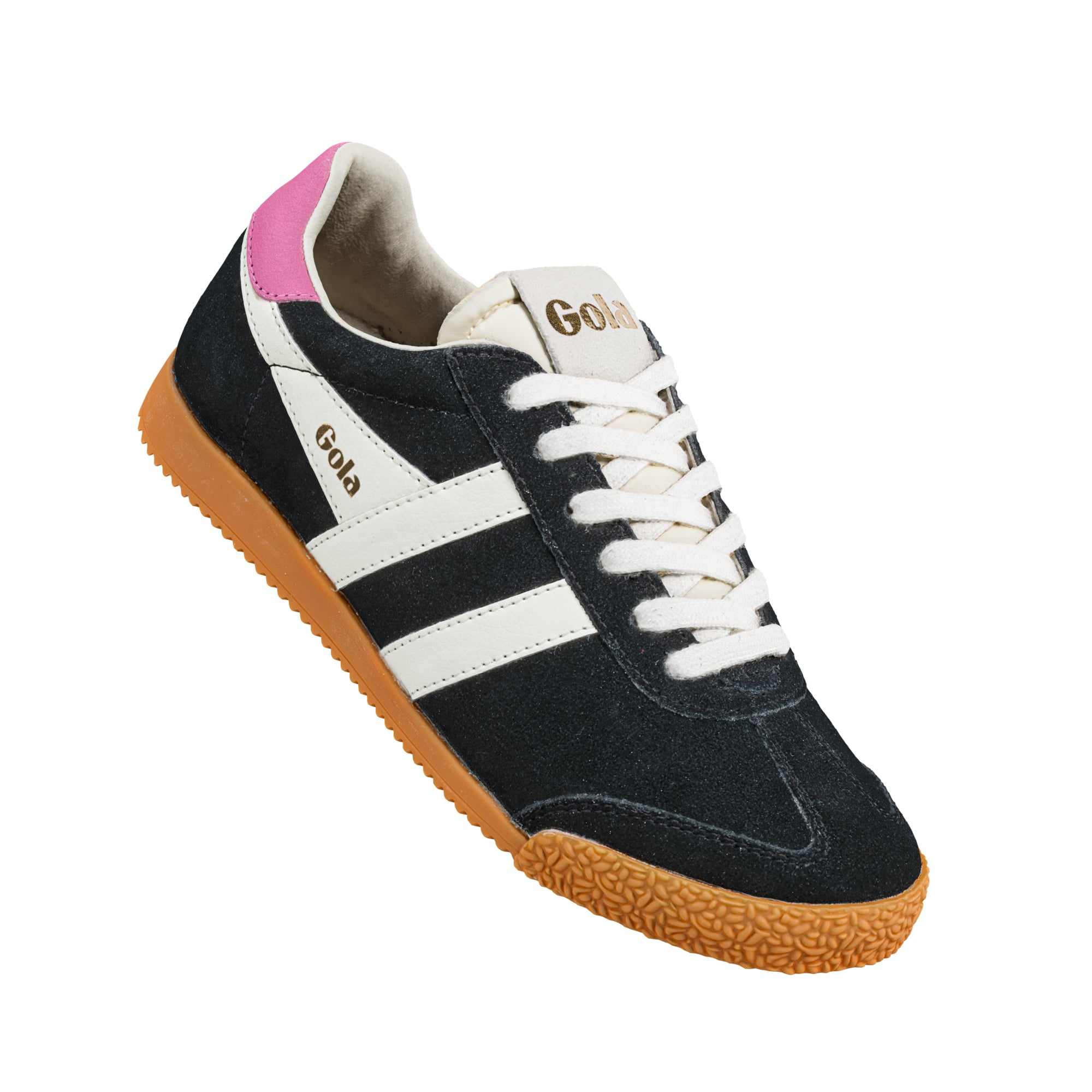 Black suede Gola trainer with white stripes pink heel tab and gum sole