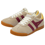 Beige trainers with maroon stripes and brown soles on a white background