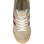 Beige trainer with maroon stripes and brown soles on a white background