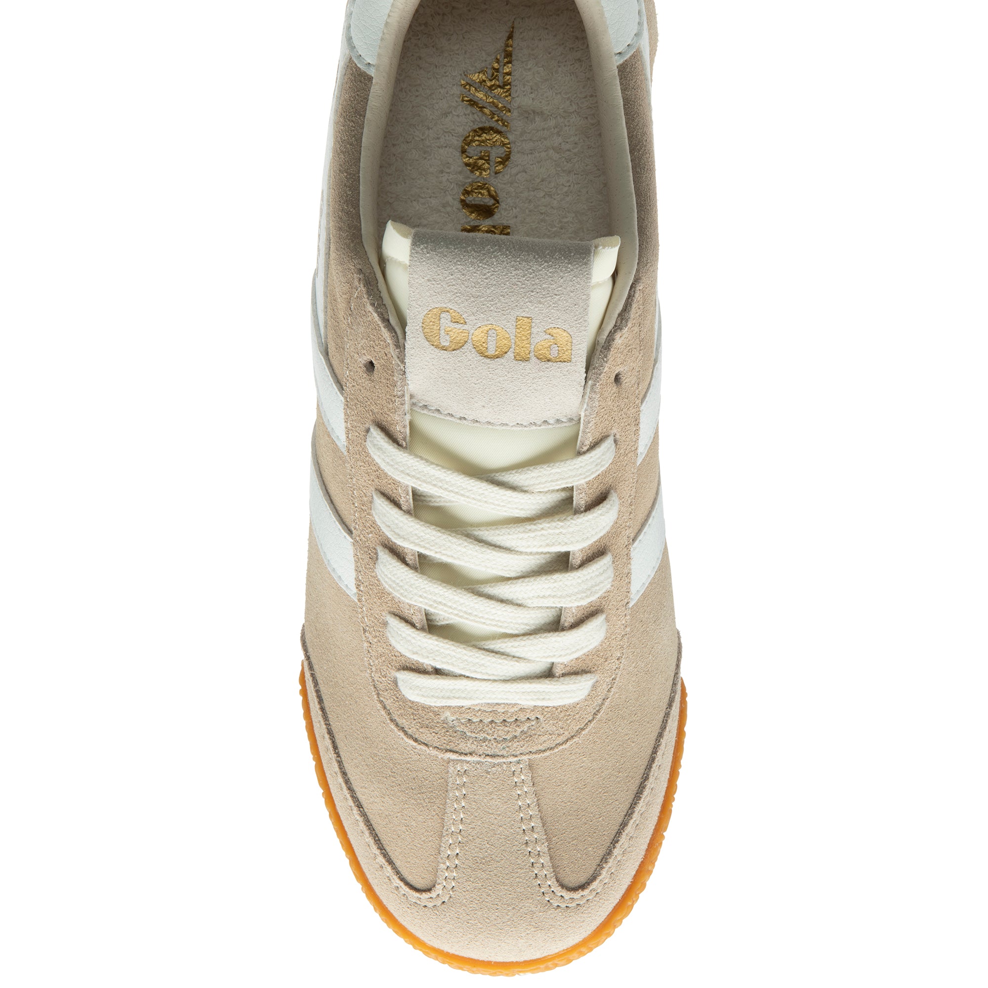 Beige trainer with white laces on a white background
