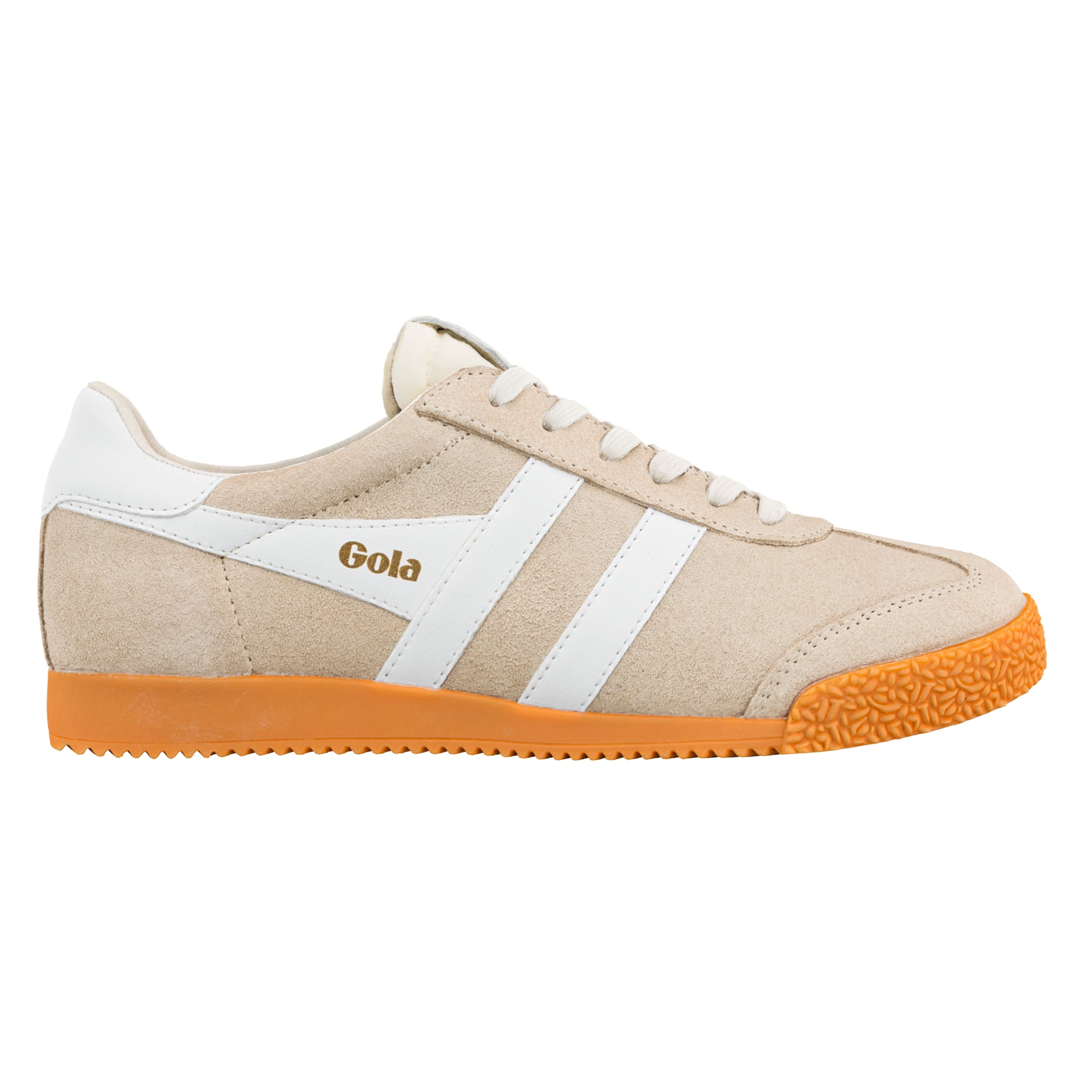 Beige suede Gola trainer with white side stripes and orange textured rubber sole