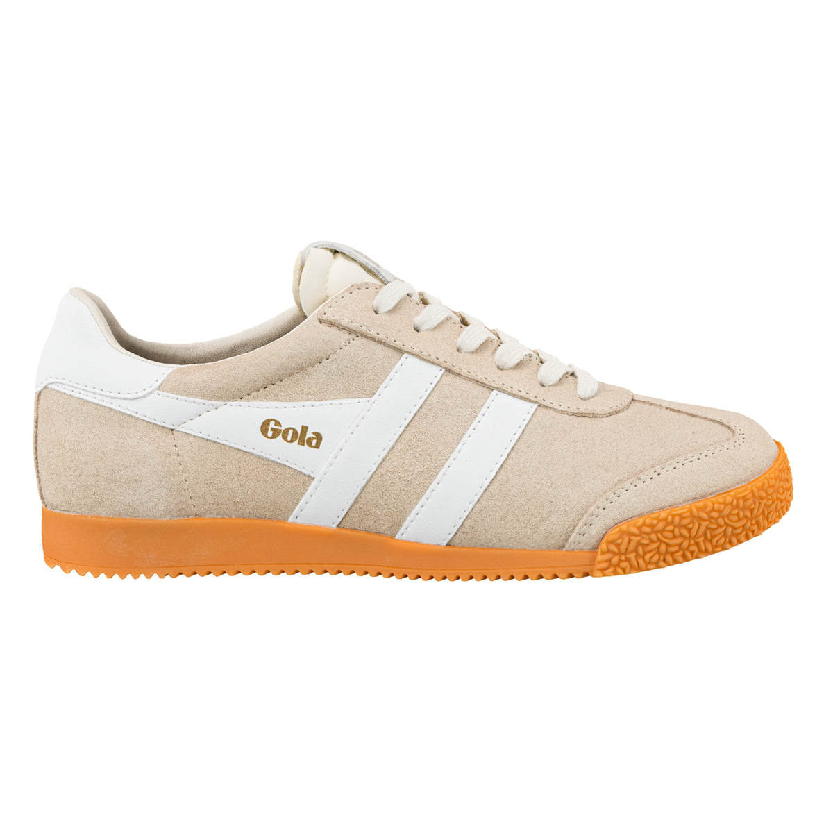 Gola Classics beige suede trainer with white side stripes and orange gum sole
