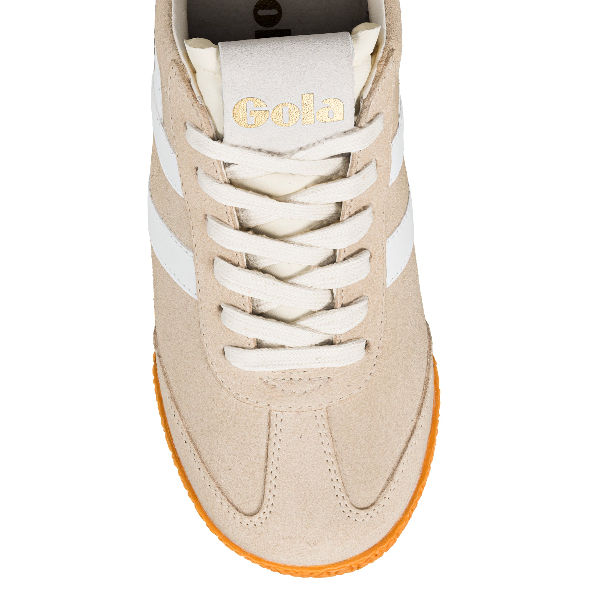 Beige suede Gola trainer with white laces and gum sole
