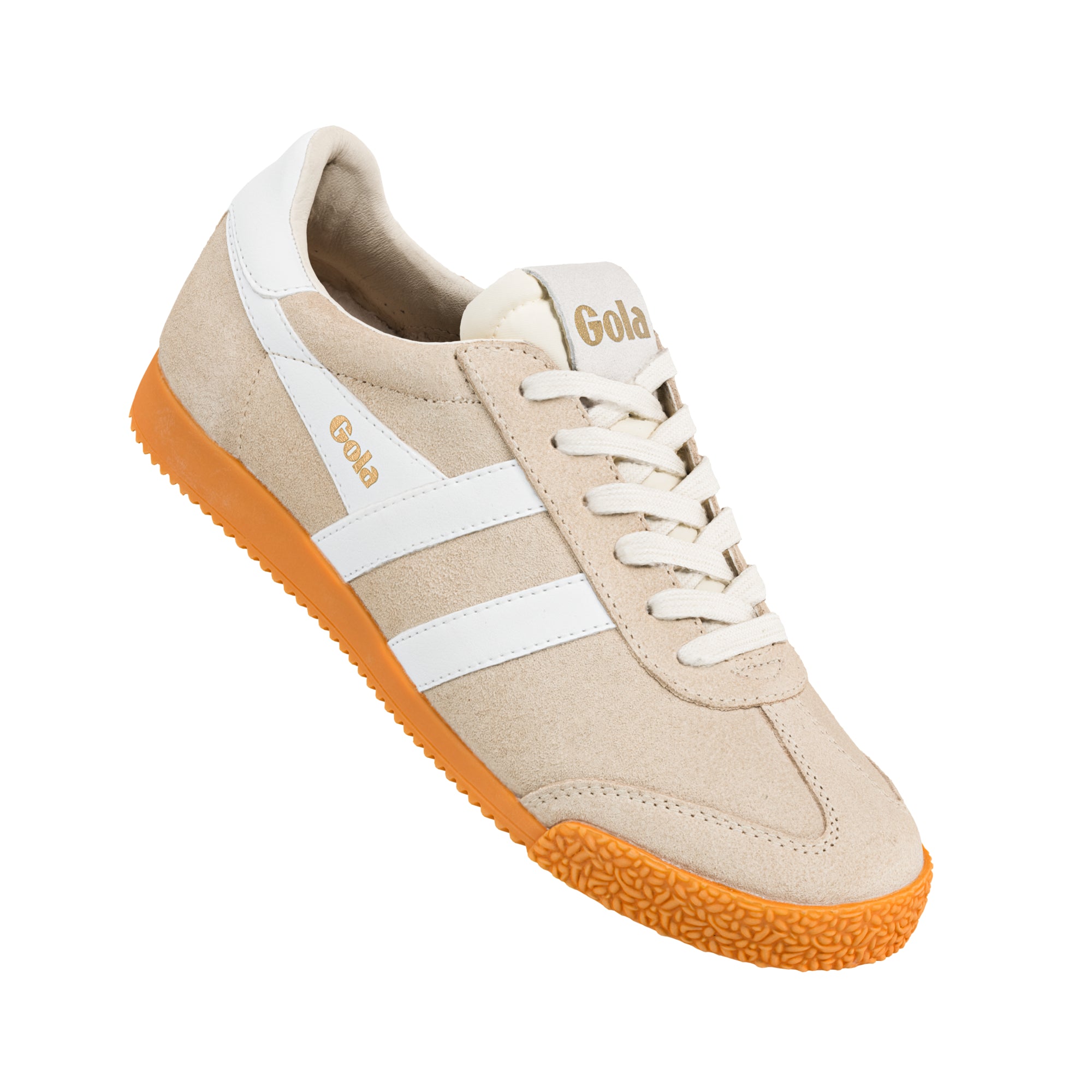 Beige suede Gola trainer with white side stripes and orange gum sole