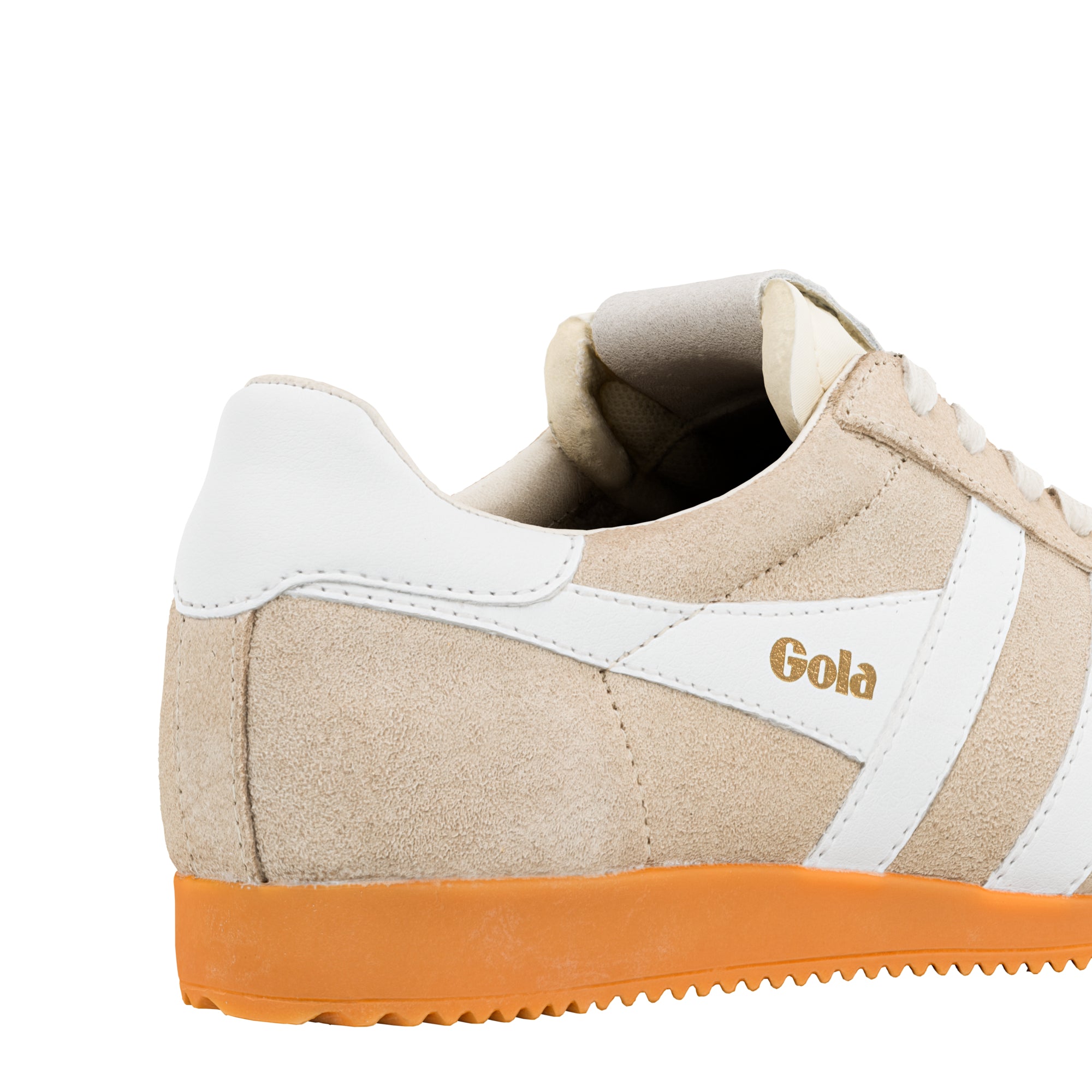 Beige suede Gola trainer with white side stripe and orange serrated sole