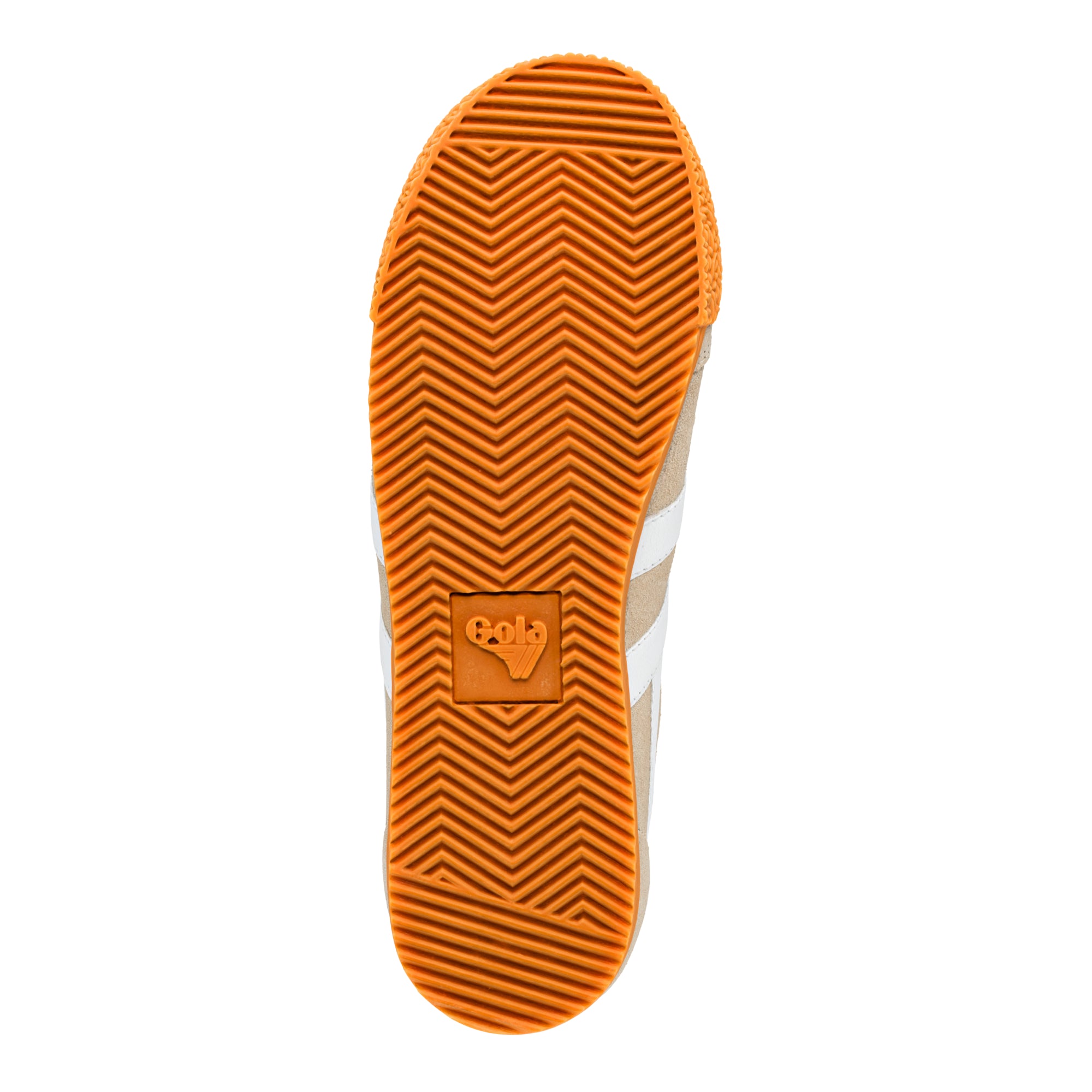Orange rubber trainer sole with chevron tread pattern and Gola logo