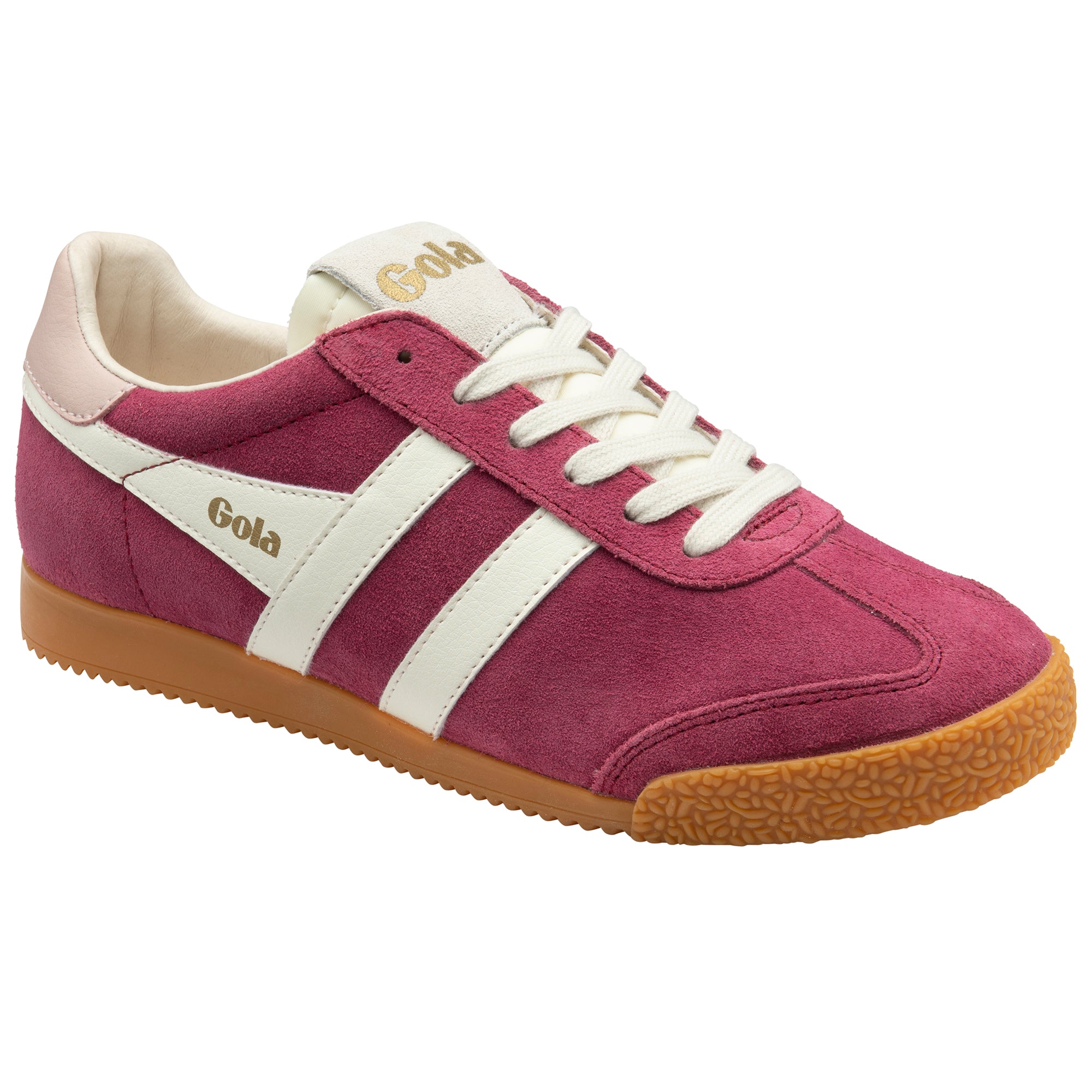 Purple trainer with white accents on a white background