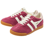 Pair of maroon trainers with white stripes and brown soles on a white background