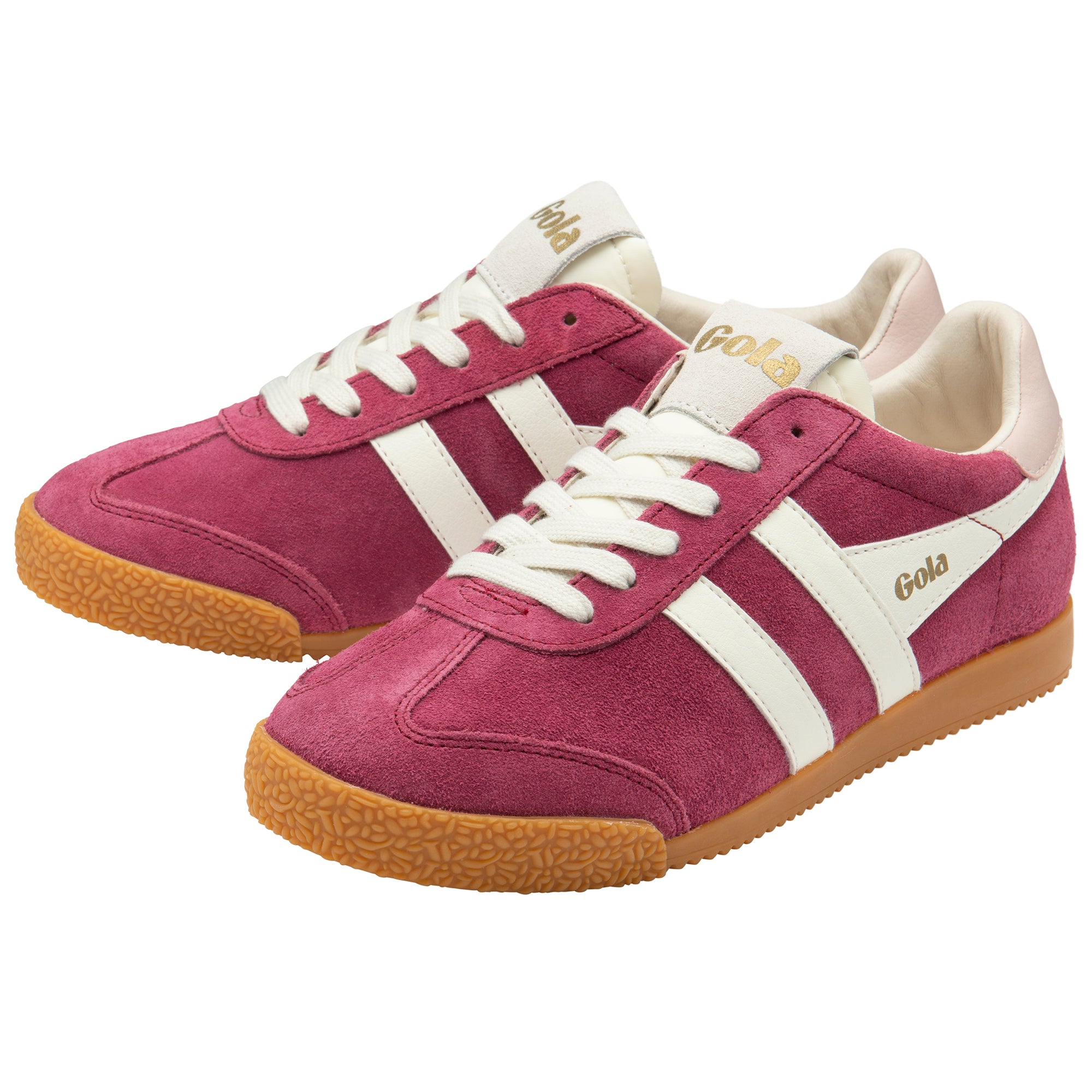 Pair of maroon trainers with white stripes and brown soles on a white background