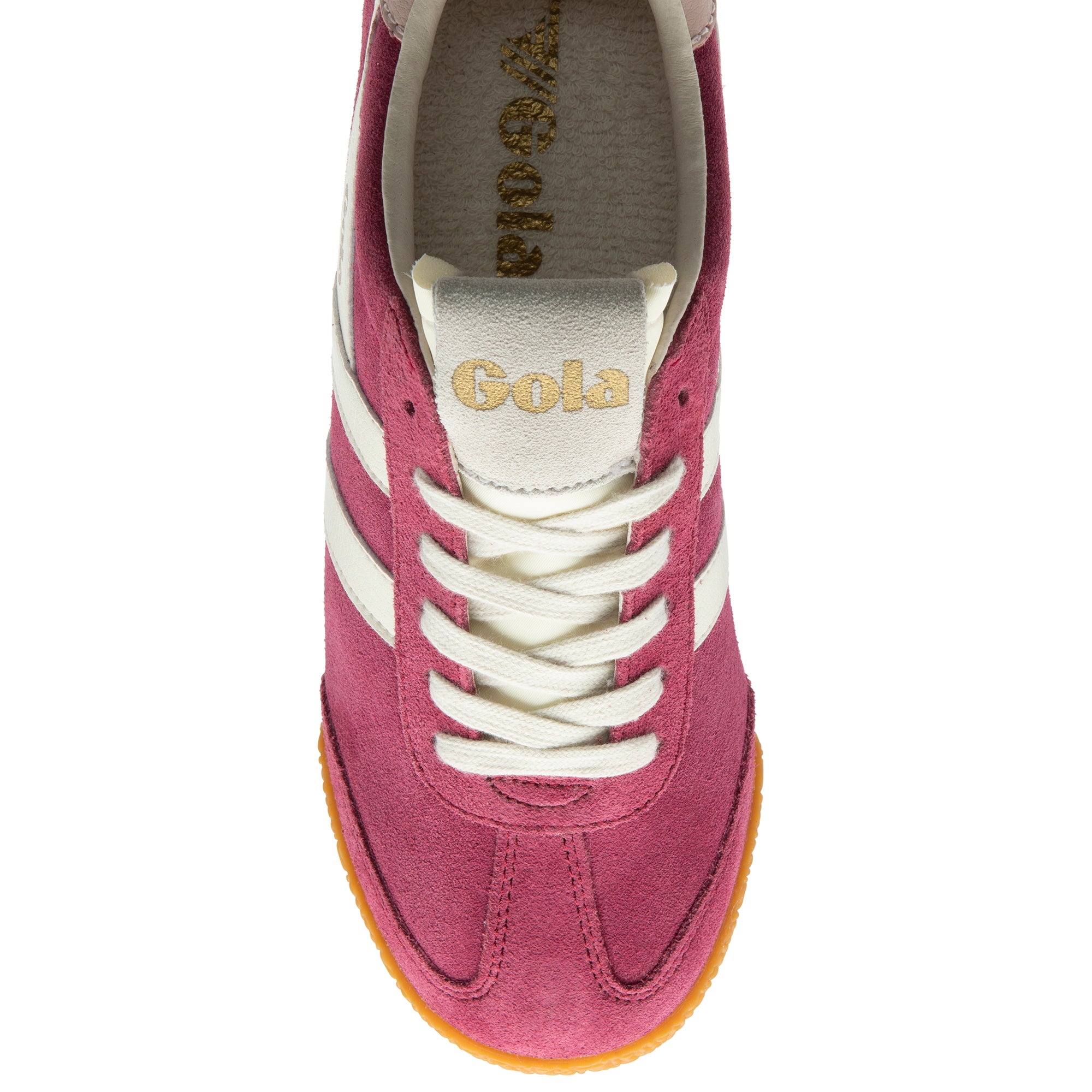 Maroon trainer with white laces and sole on a white background