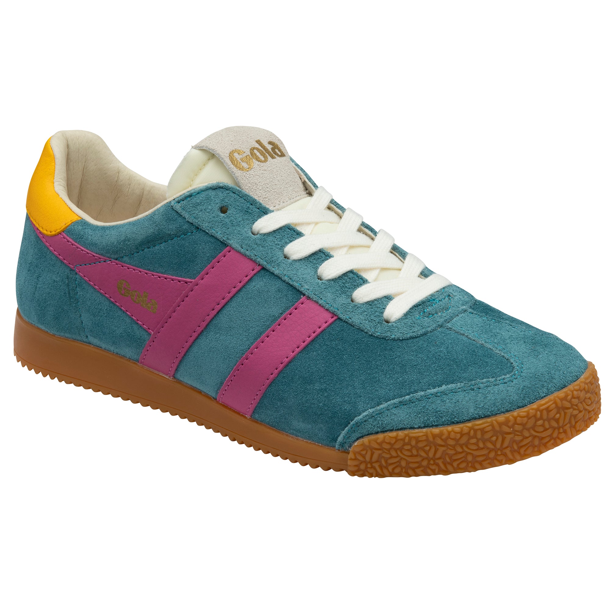 Blue sneaker with purple accents and yellow heel on a white background