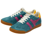 Blue trainers with pink stripes and gum soles on a white background