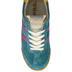 Blue trainer with pink stripes and white laces on a white background