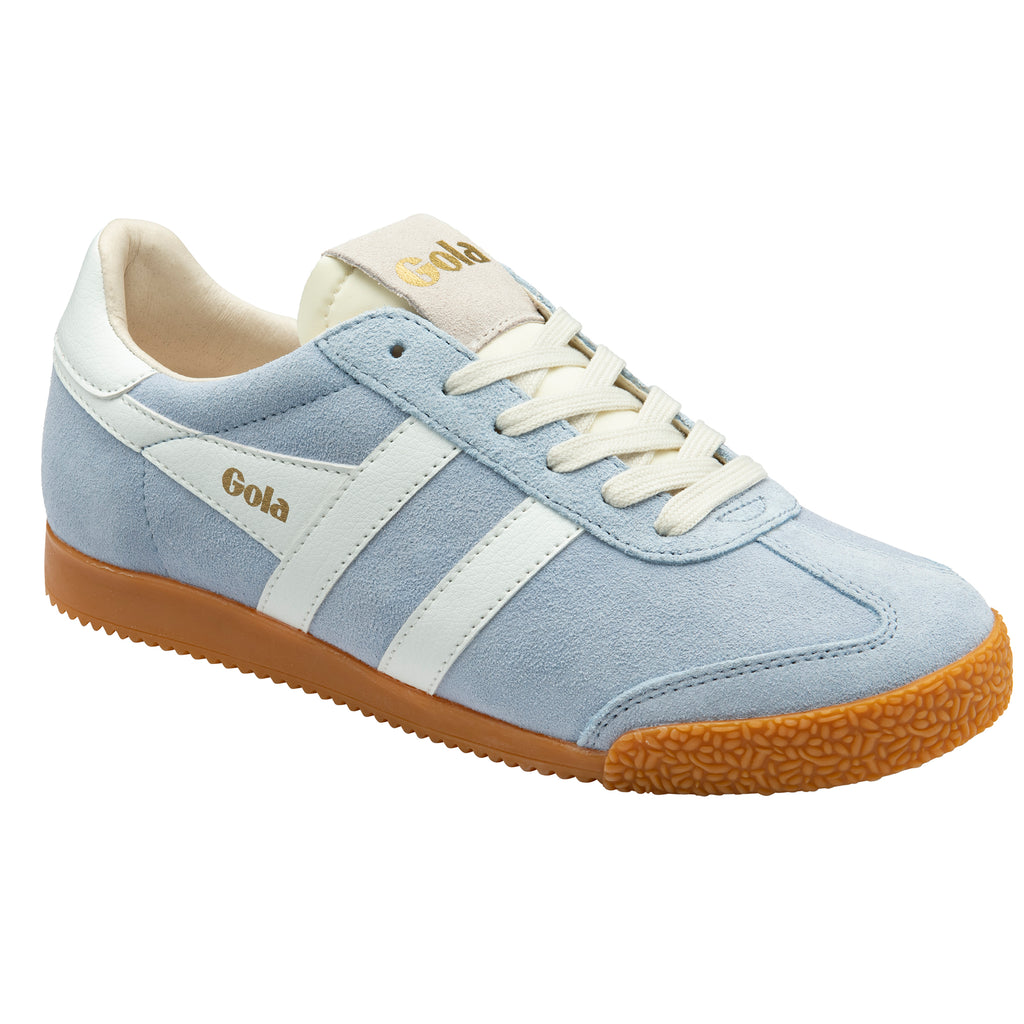Light blue trainer with white accents and gum sole on a white background