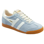Light blue trainer with white accents and gum sole on a white background