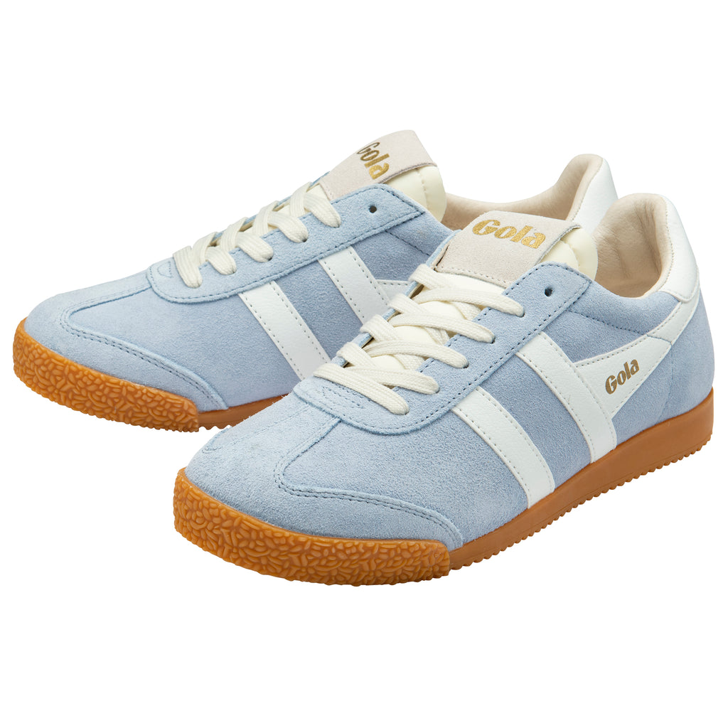 Pair of light blue trainers with white accents and gum soles on a white background