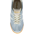 Light blue trainer with white laces on a white background