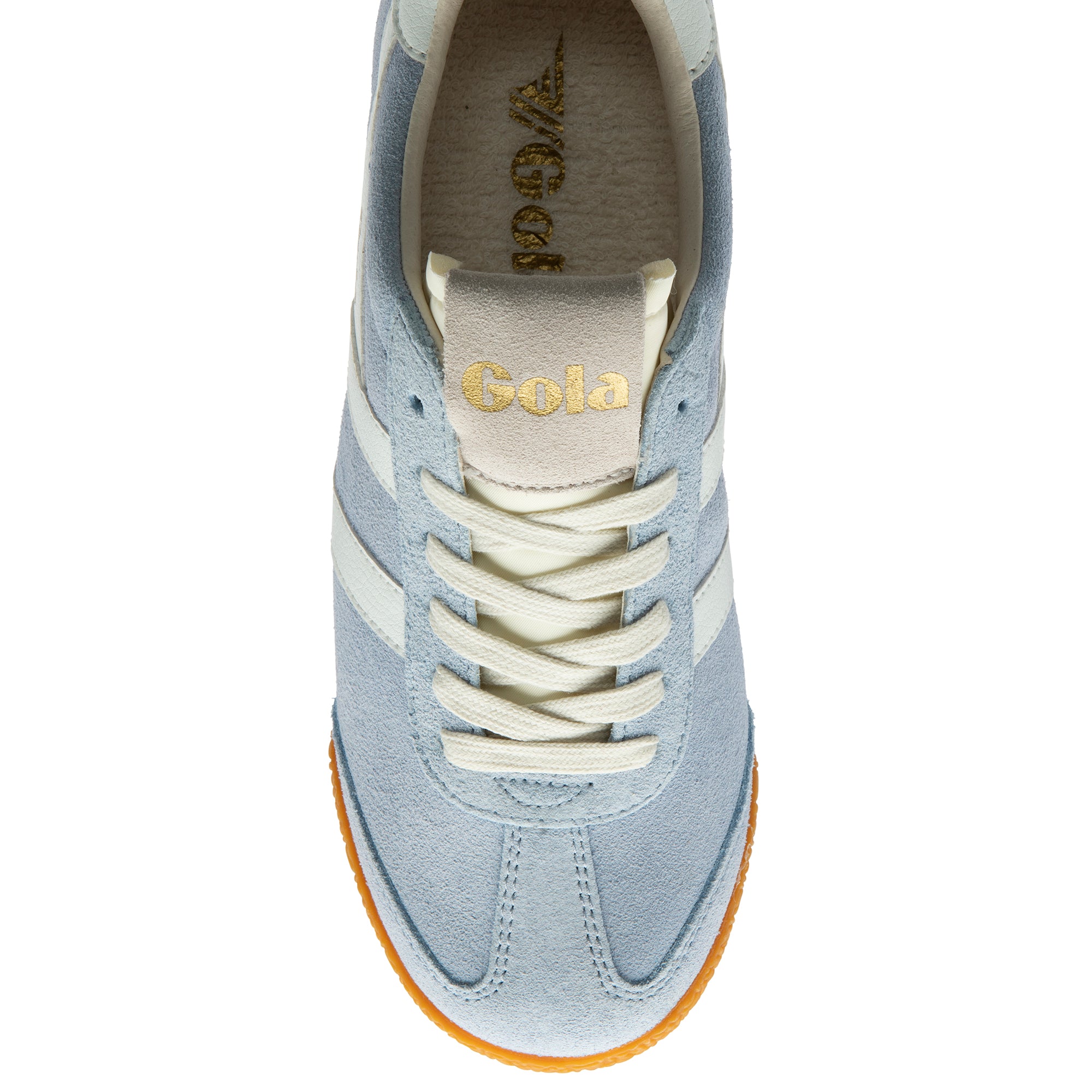 Light blue trainer with white laces on a white background
