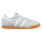 Light blue suede Gola trainer with white side stripes and a gum rubber sole