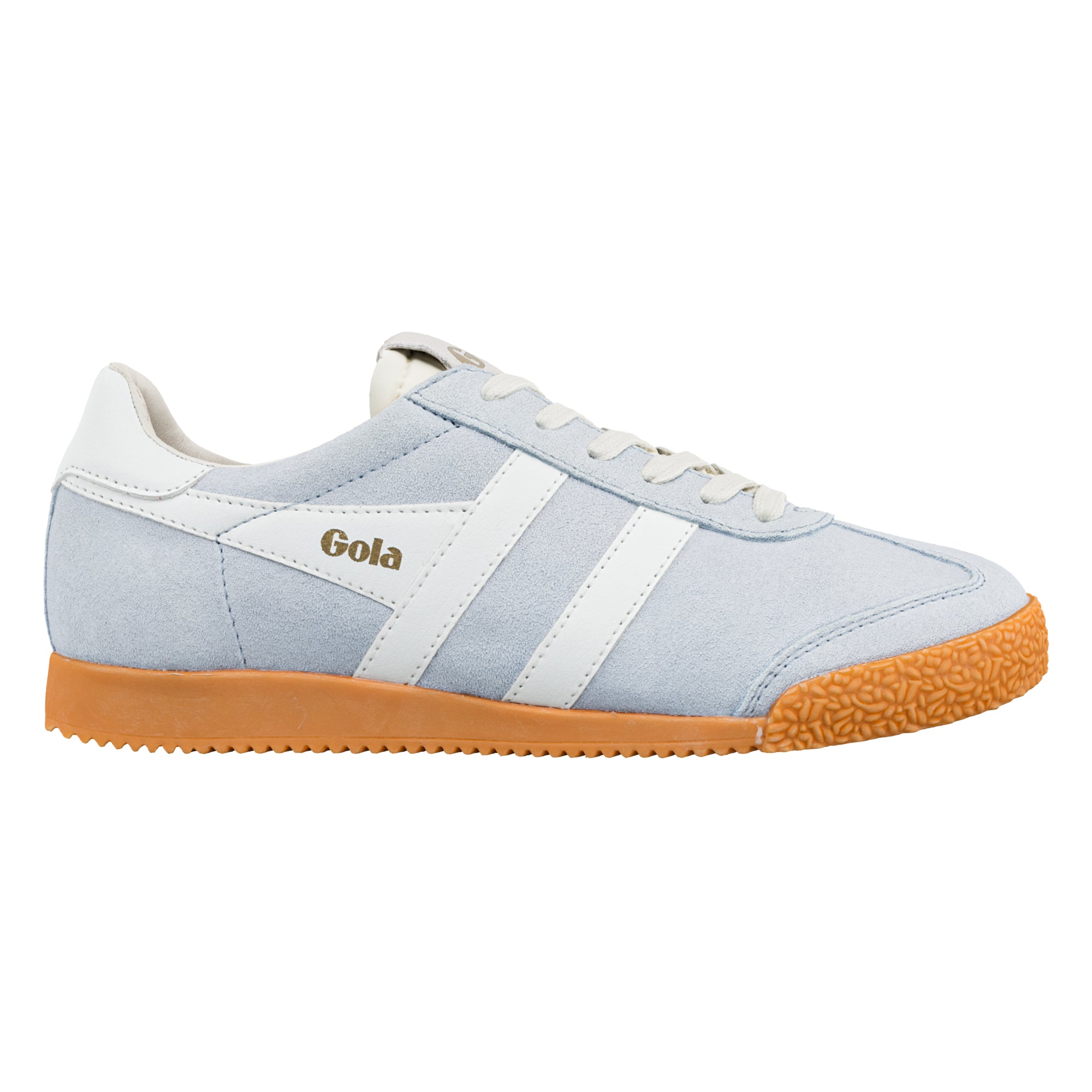 Light blue suede Gola trainer with white side stripes and a gum rubber sole