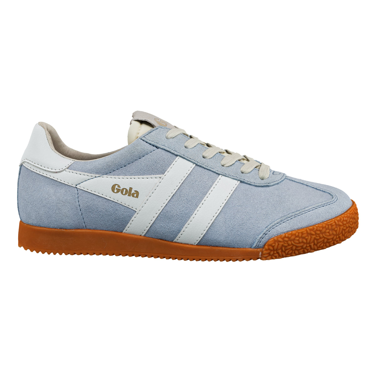 Gola Classics blue suede trainer with white side stripes and gum sole