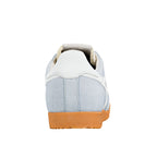 Rear view of a light blue Gola Classics suede trainer with a white heel tab and gum rubber sole