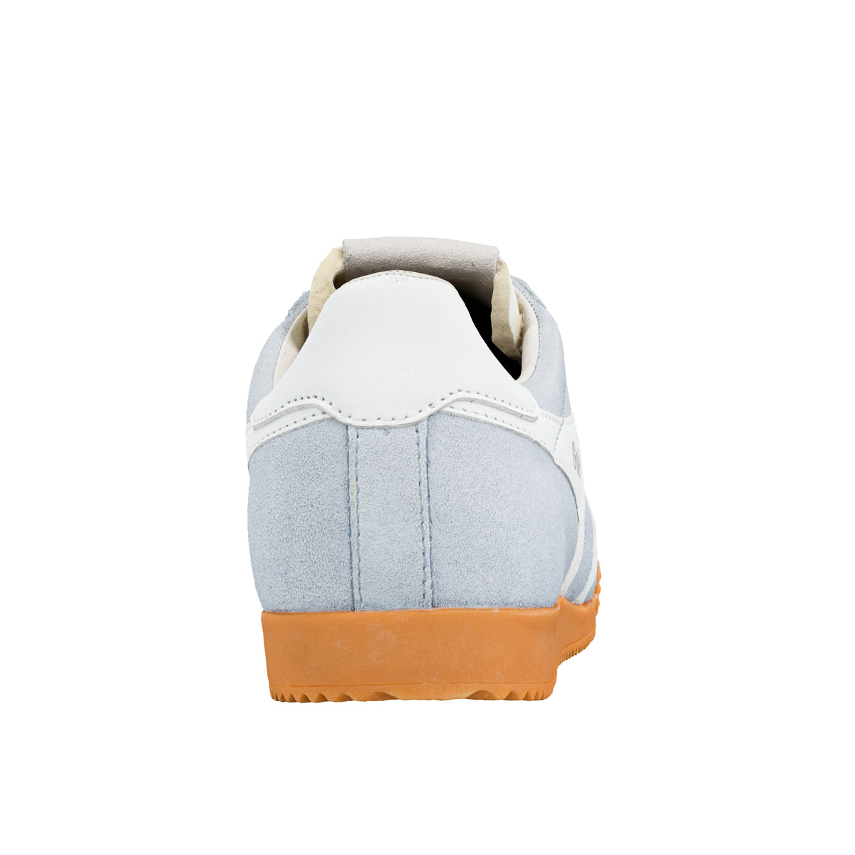 Rear view of a light blue Gola Classics suede trainer with a white heel tab and gum rubber sole