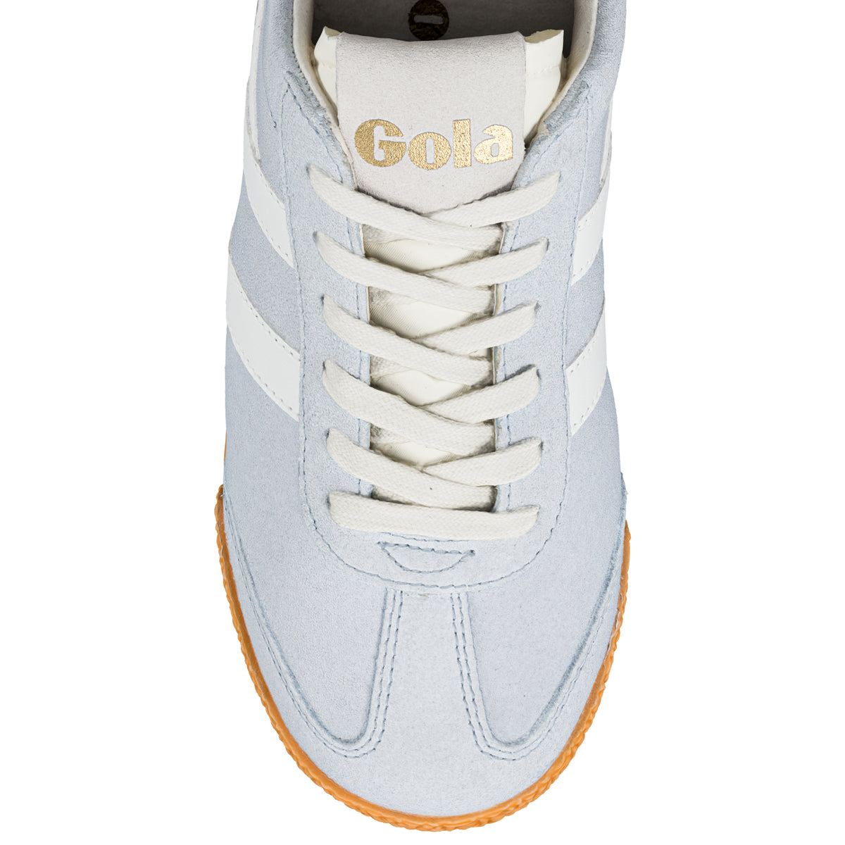 Top view of a light blue Gola Classics suede trainer with white laces and a gum sole