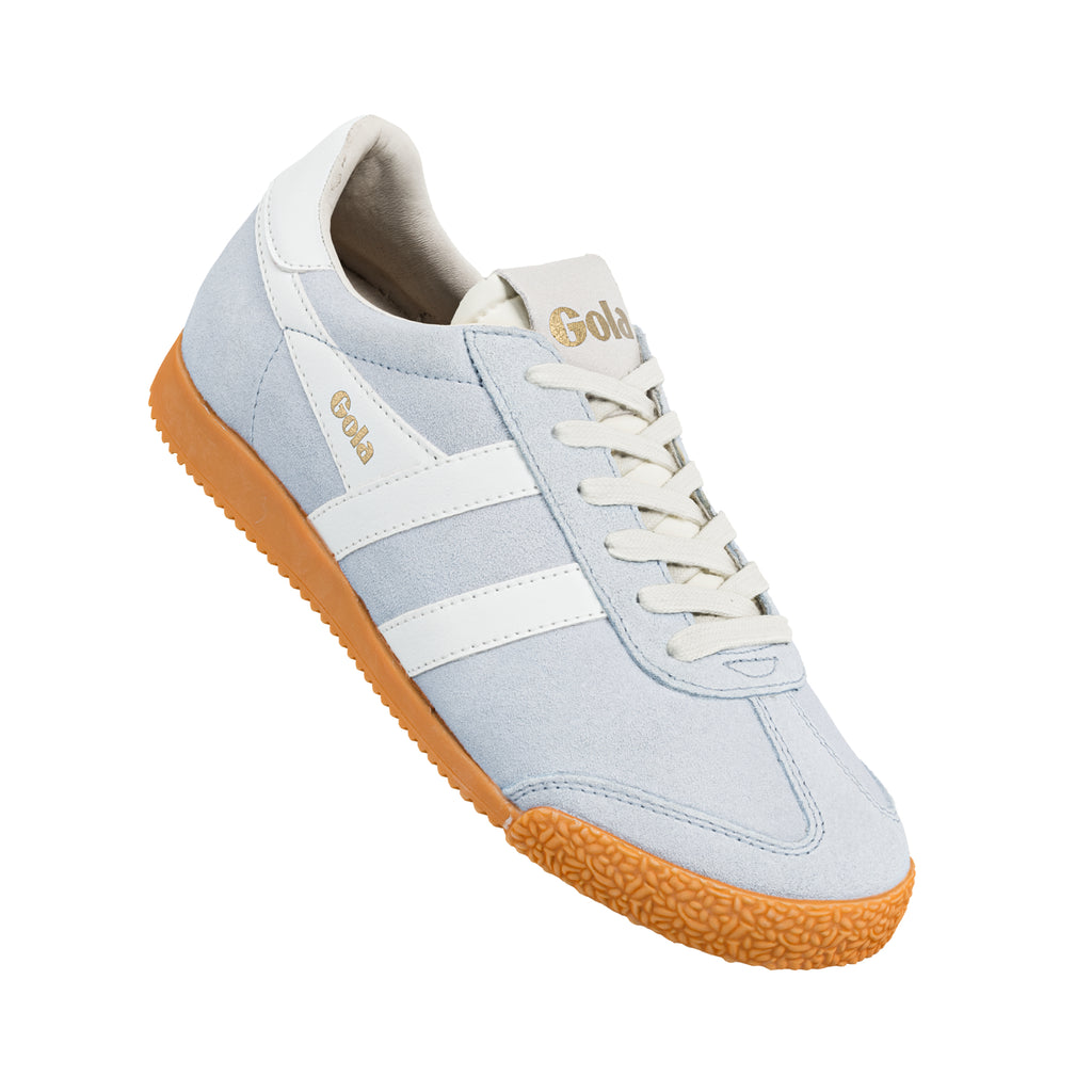 Gola Classics light blue suede trainer with white side stripes and gum rubber sole