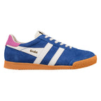 Blue suede Gola trainer with white stripes and a gum sole