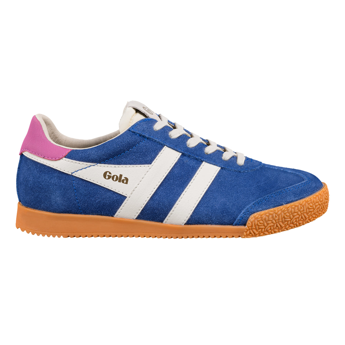 Gola Classics blue suede trainer with white side stripes and gum sole