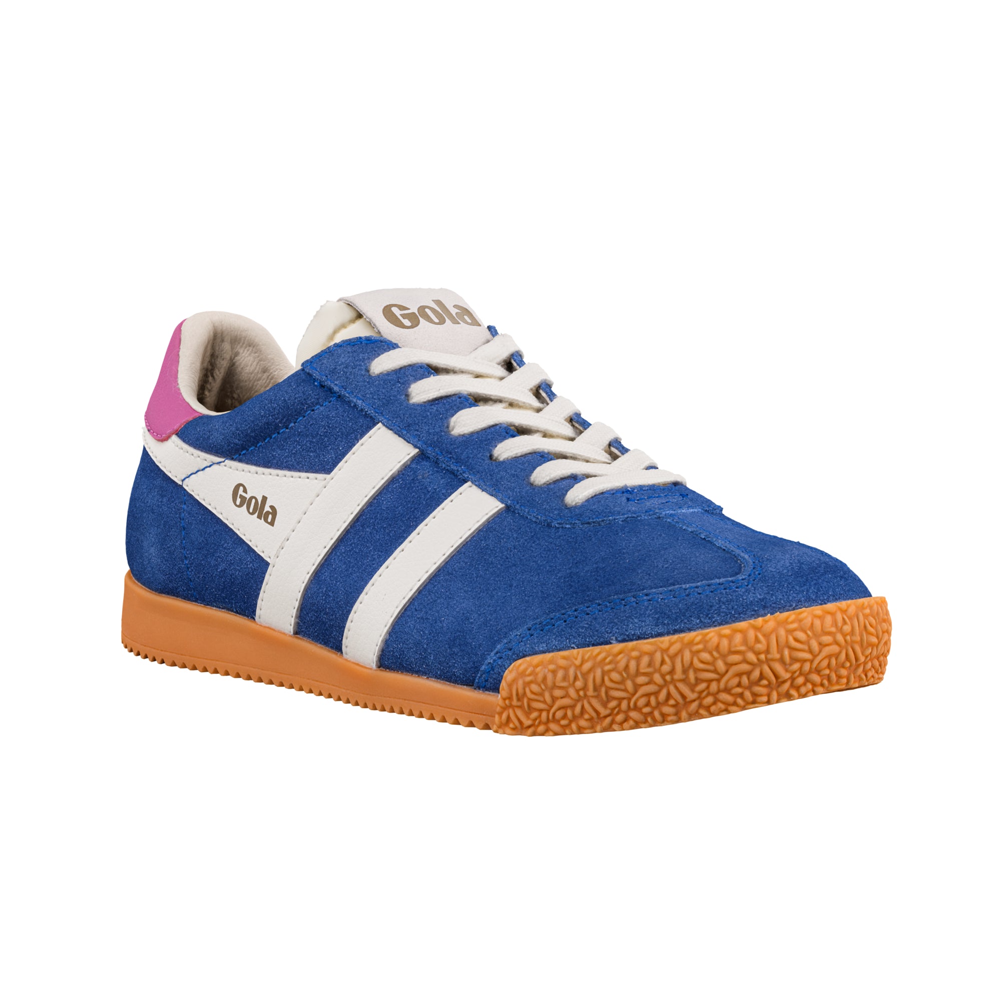 Blue suede Gola trainer with white stripes and a gum sole
