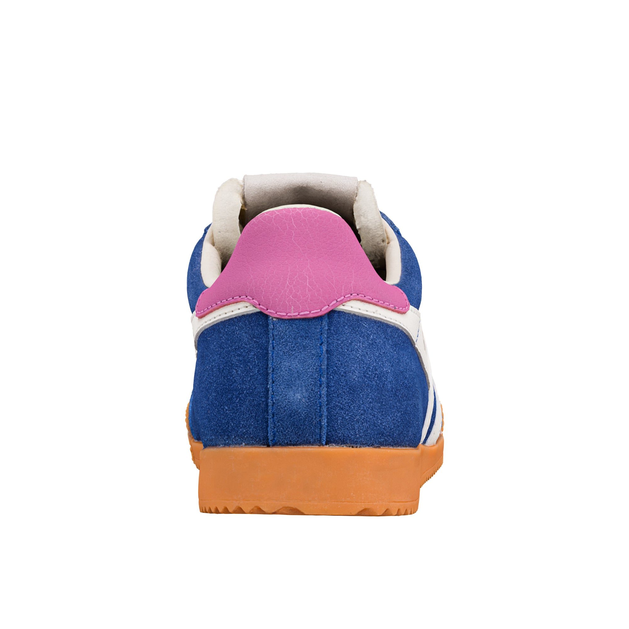 Rear view of a blue suede trainer with a pink heel tab and gum rubber sole