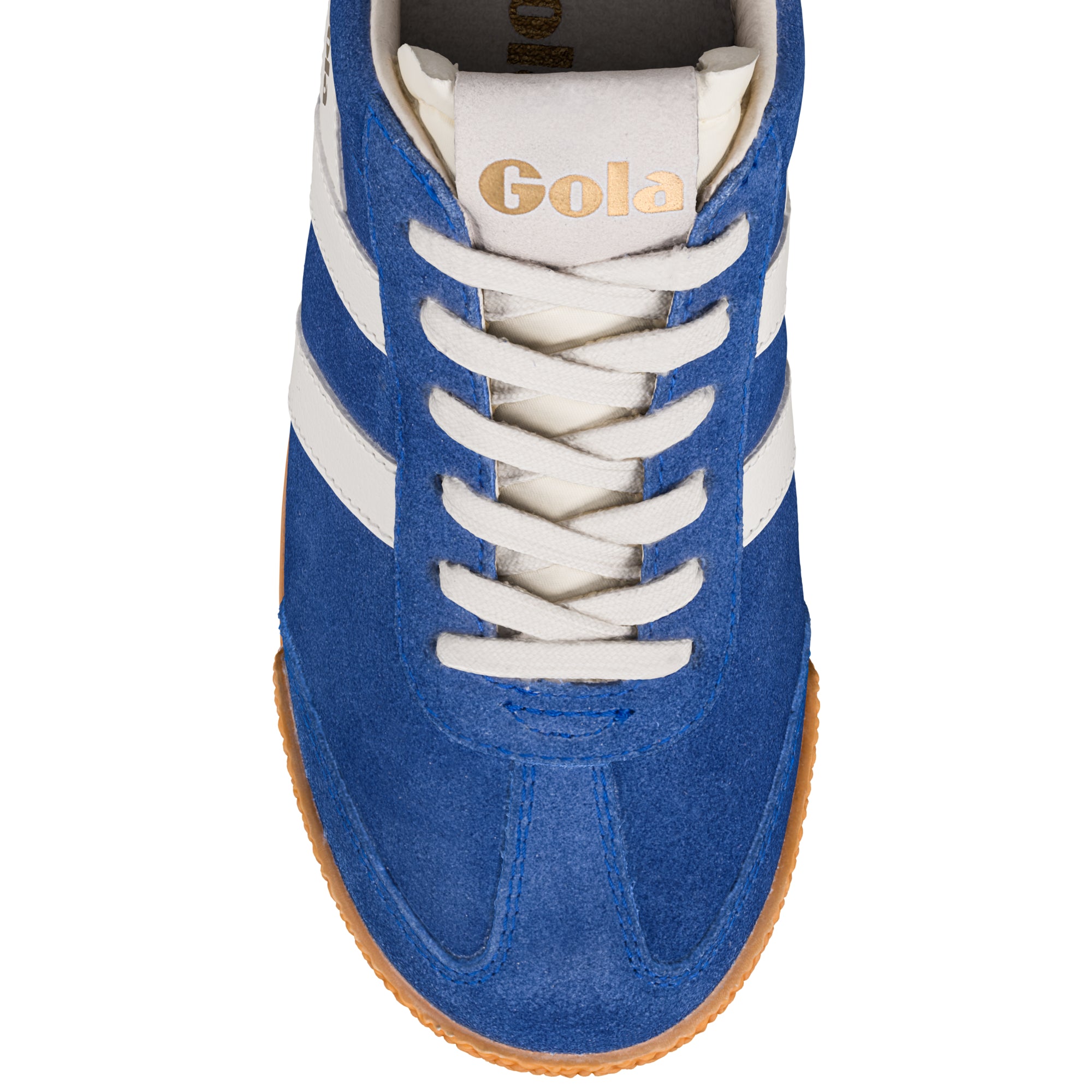 Blue suede Gola trainer with white laces and gum sole