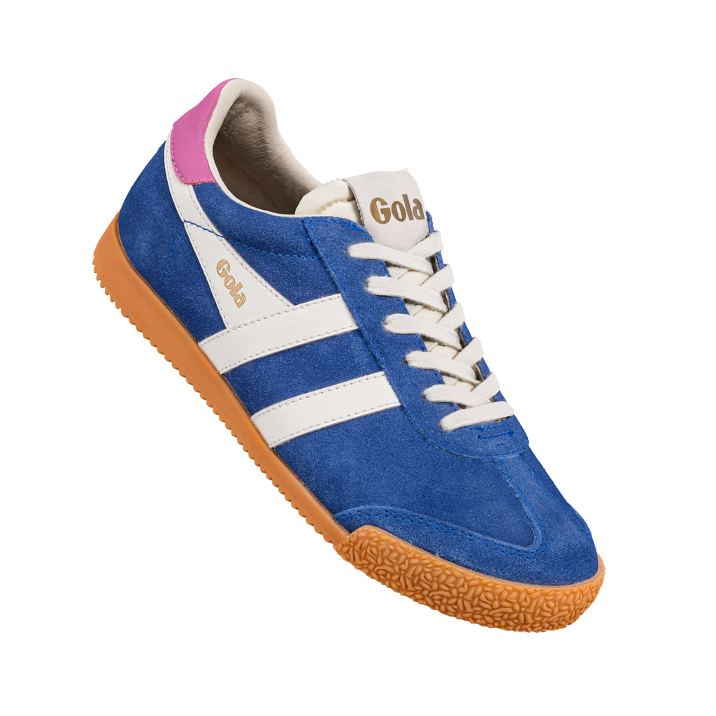Blue suede Gola trainer with white stripes and a gum sole