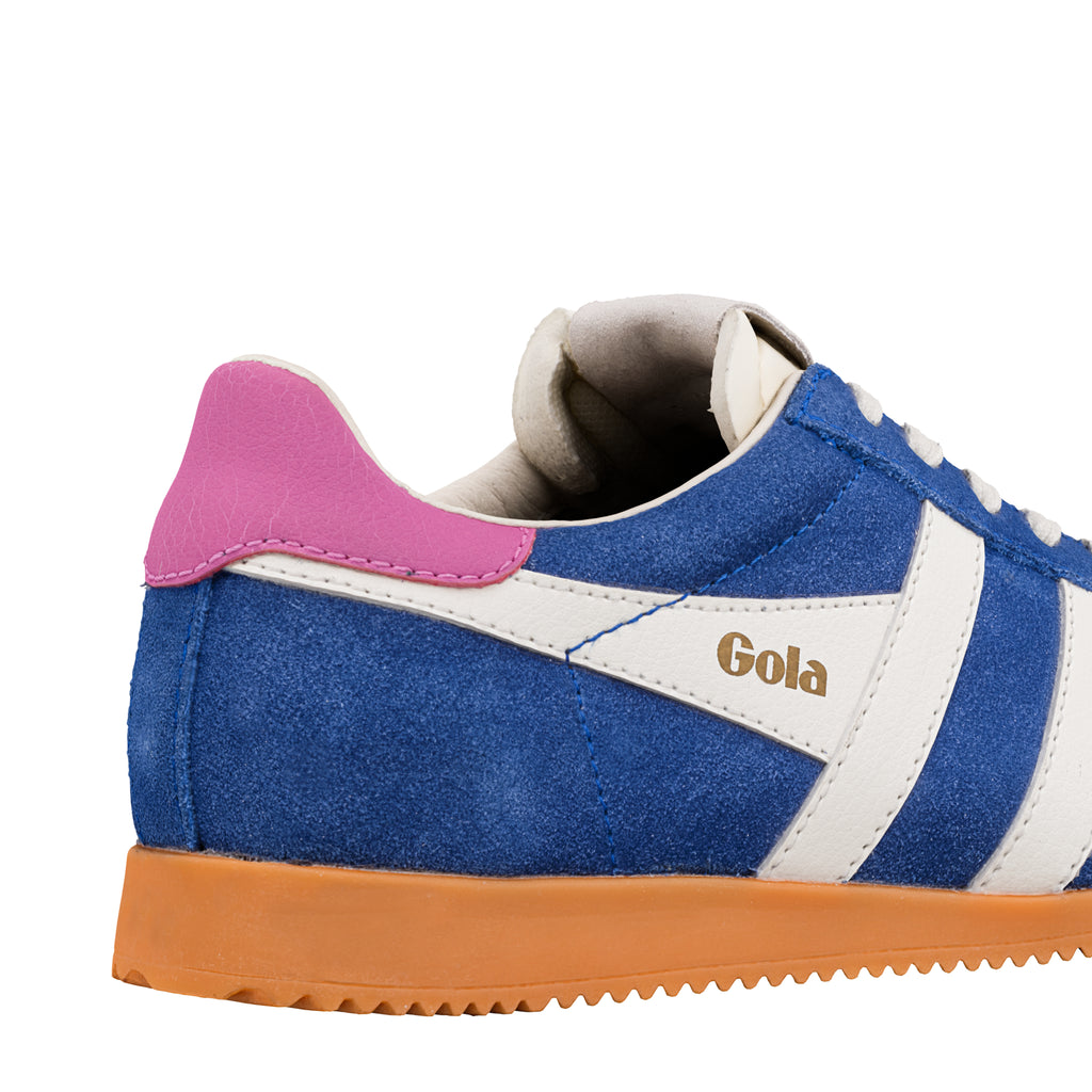 Blue suede Gola trainer with white side stripes pink heel tab and gum rubber sole