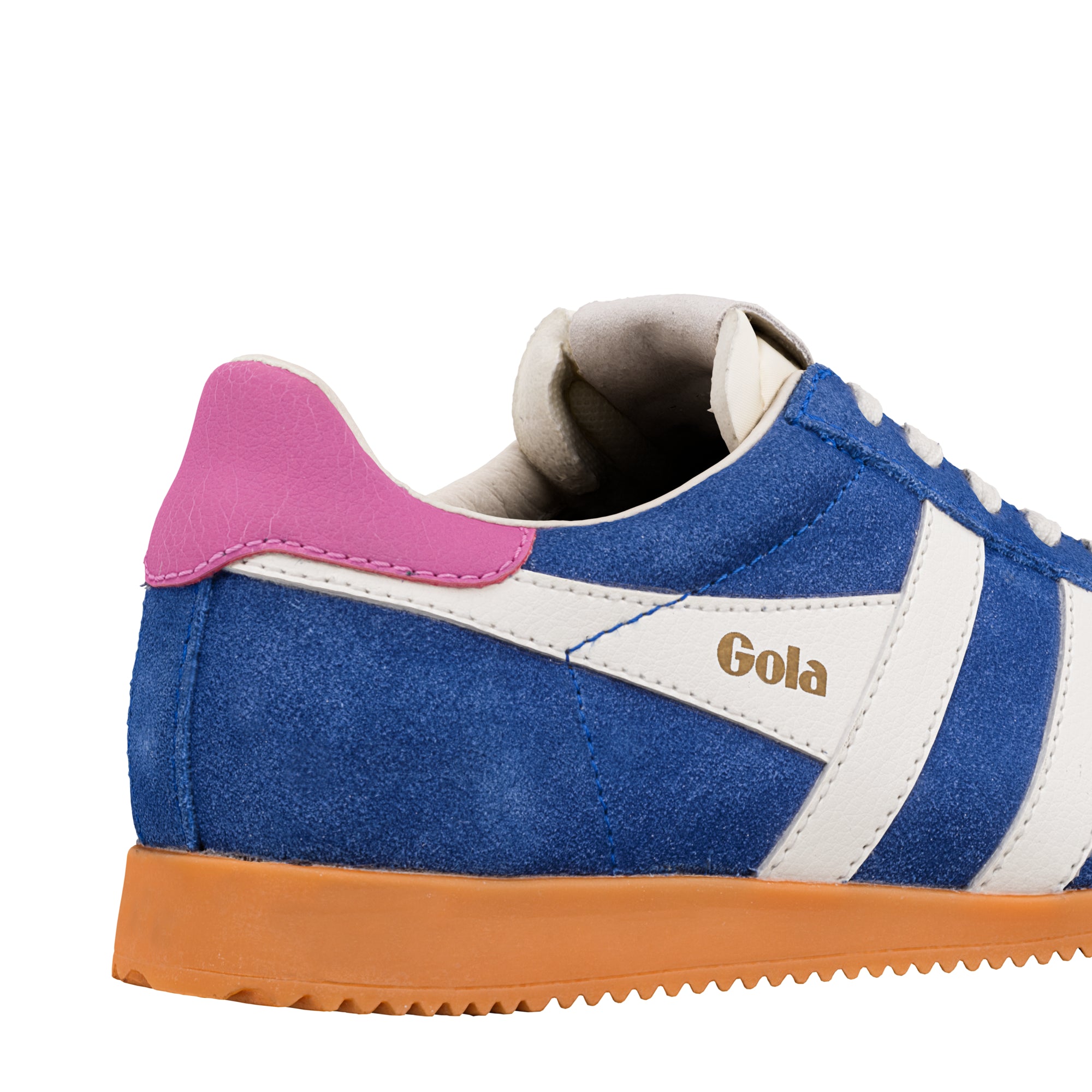 Blue suede Gola trainer with white side stripes pink heel tab and gum rubber sole