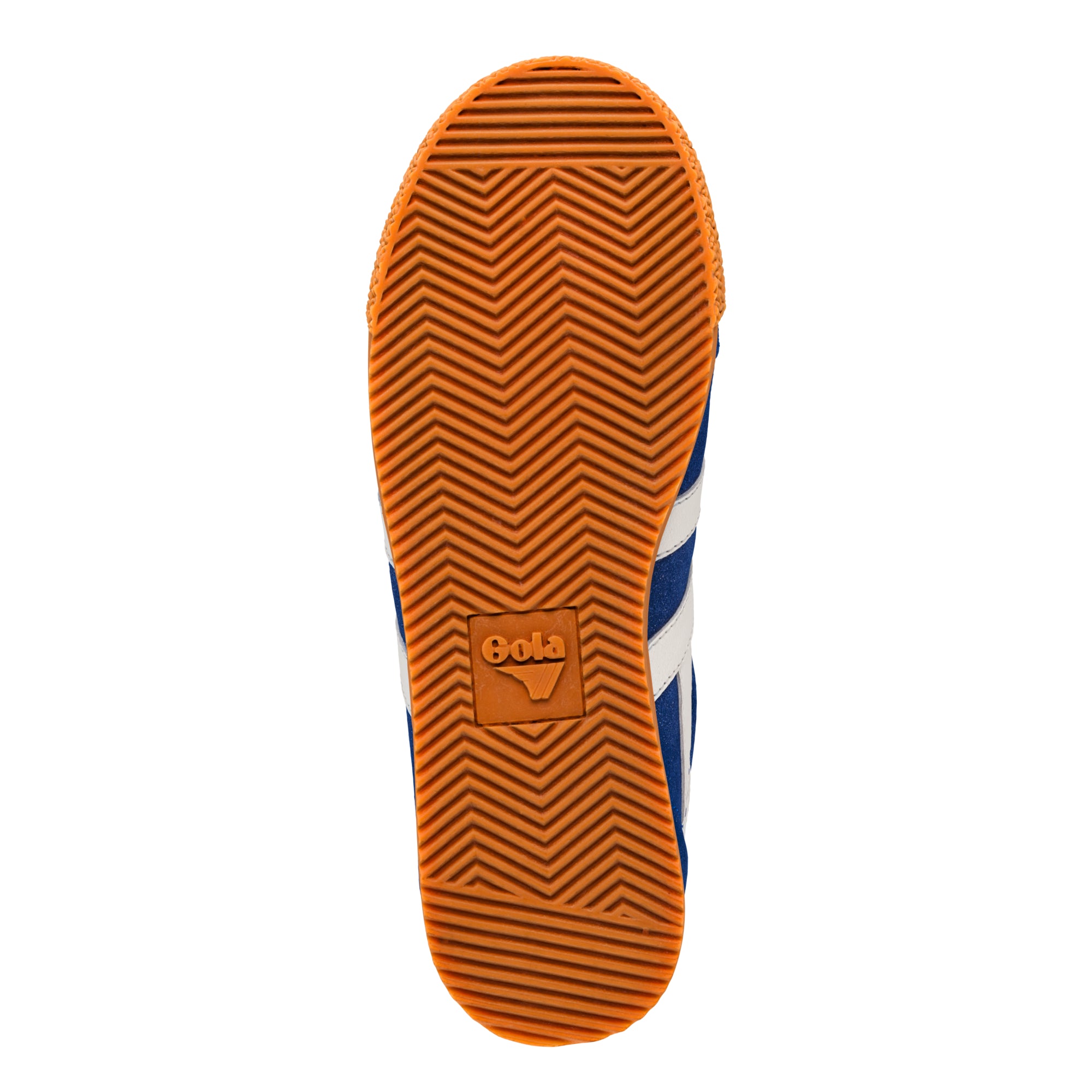 Orange rubber trainer sole with chevron tread pattern and Gola logo
