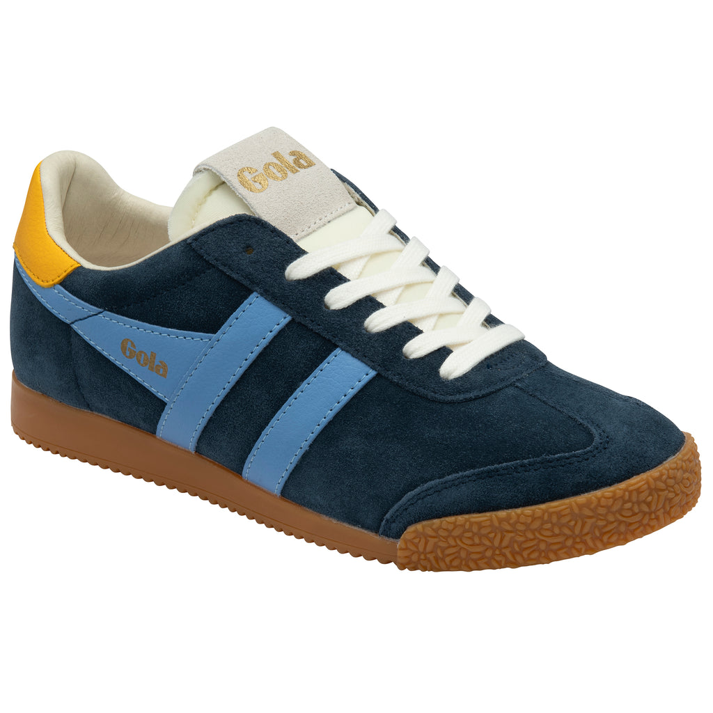 Blue trainers with blue and yellow accents and white laces on a white background