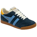 Blue trainers with blue and yellow accents and white laces on a white background