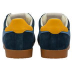 Blue trainers with blue and yellow accents on a white background