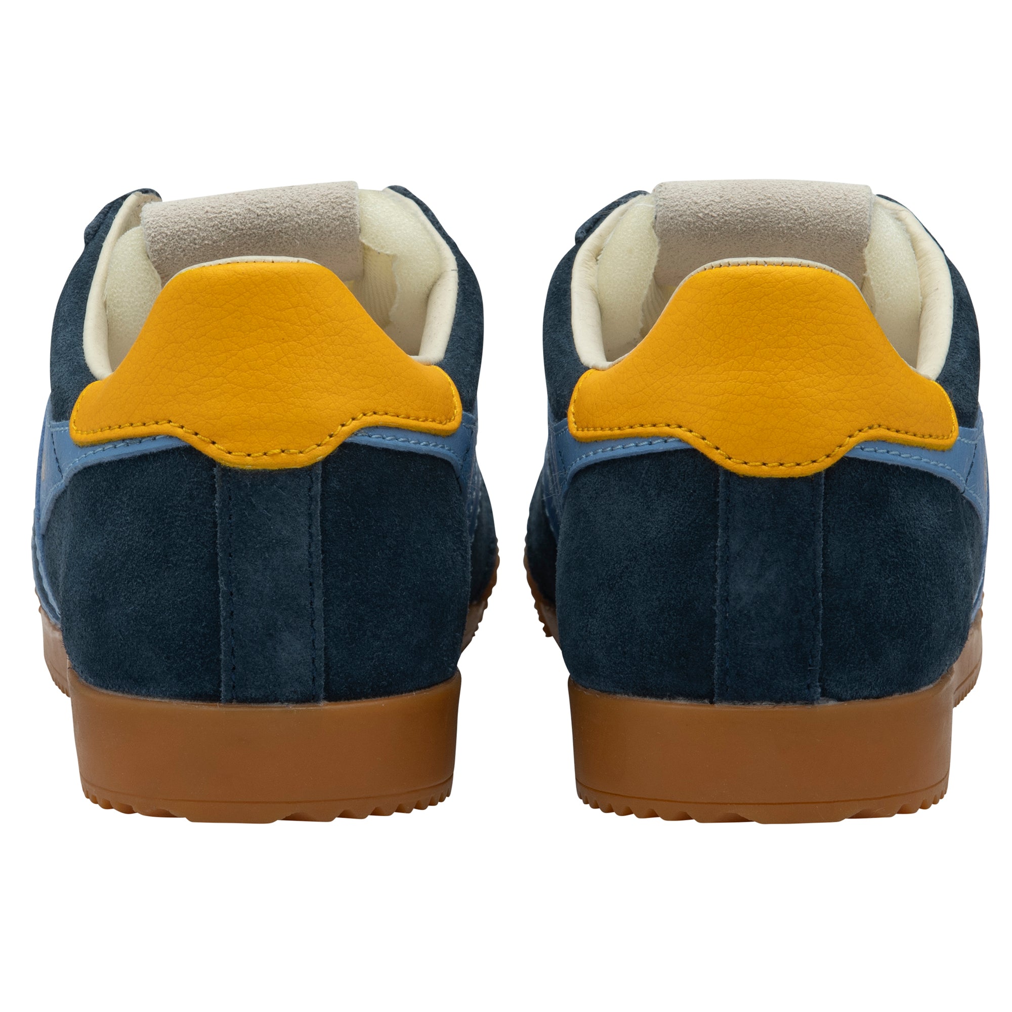 Blue trainers with blue and yellow accents on a white background