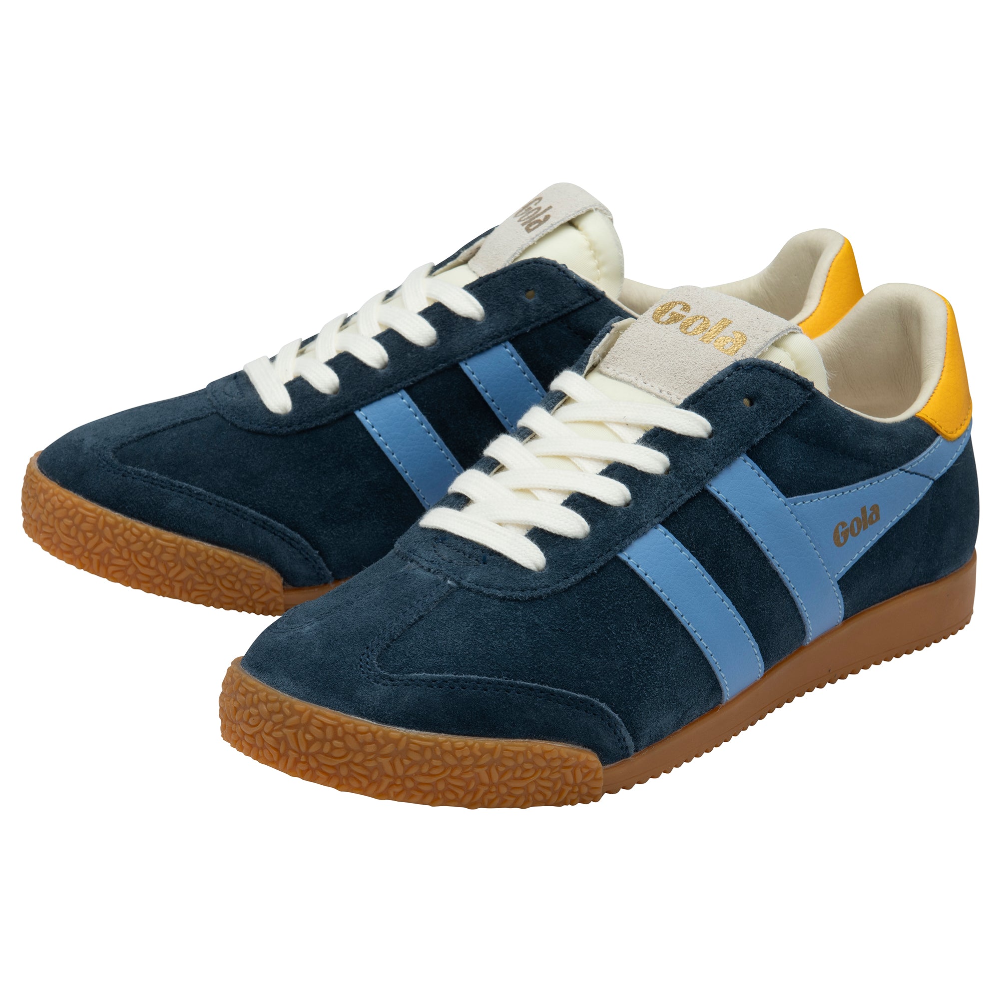 Blue trainers with blue and yellow accents and white laces on a white background