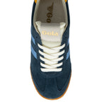 Blue trainers with blue and yellow accents and white laces on a white background