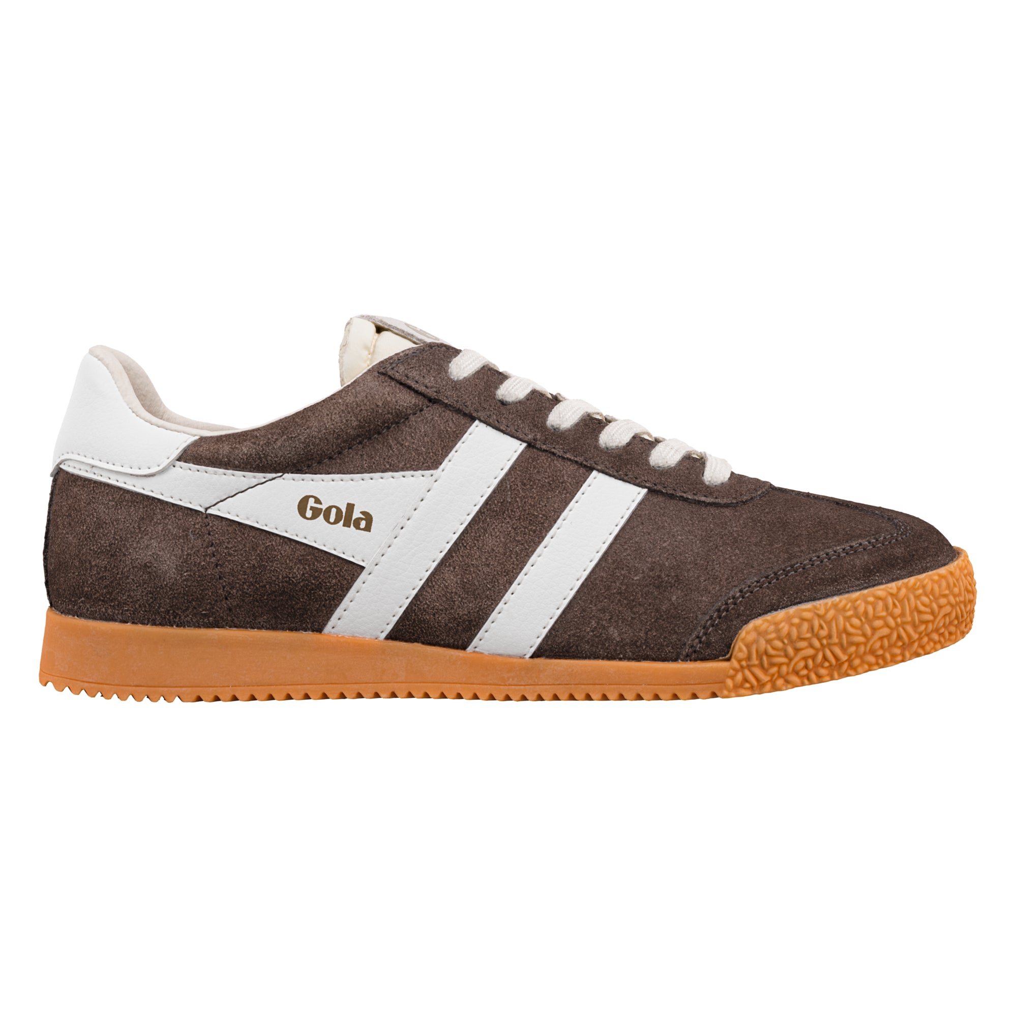 Brown suede Gola trainer with white side stripes and a gum rubber sole